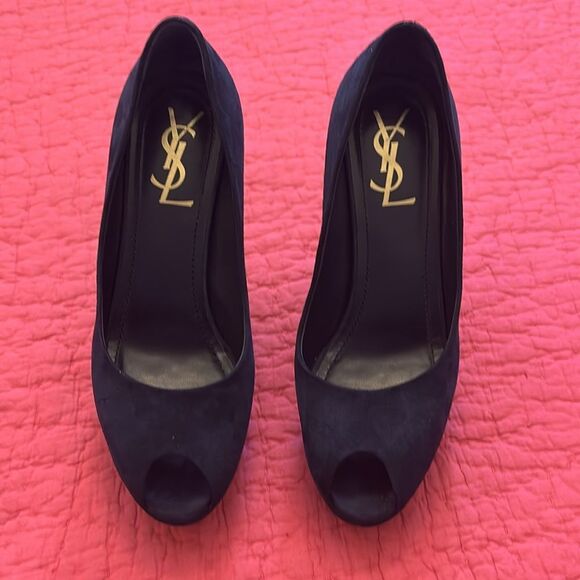 YSL navy blue suede Peep-Toe Heels, US7 - Picture 2 of 11